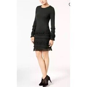 NWT $328 Trina Turk Charcoal Fringe Sass Merino Wool Dress Size Large Lined